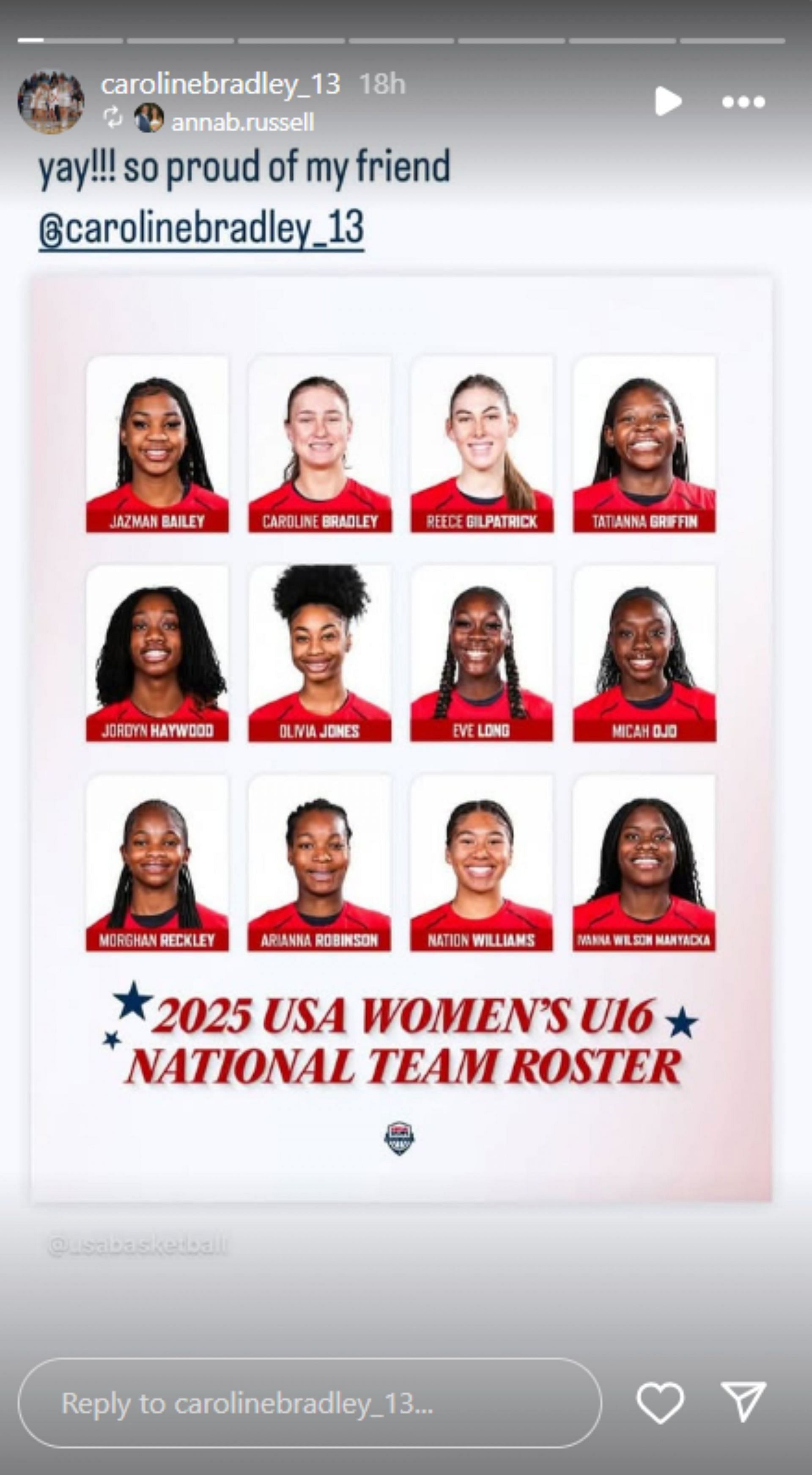 Kim Mulkey's LSU target & Gatorade POY Caroline Bradley named in the 2025 USA Women's U16 team (Image: Instagram via @carolinebradley_13)